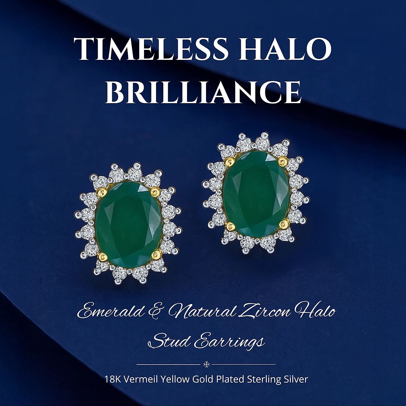 Emerald and Natural Zircon Halo Stud Earrings in 18K Vermeil Yellow Gold Plated Sterling Silver 2.44 Ct